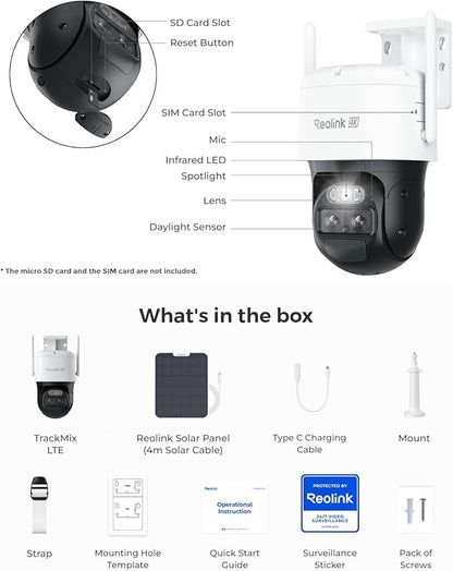 REOLINK 4K Dual Lens 4G LTE Cellular Security Camera Outdoor, 360 PTZ with Auto Tracking, No WiFi Solar Powered, 6X Hybrid Zoom, 8MP Color Night Vision, SIM Card Included,Motion Alert, TrackMix LTE+SP