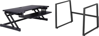 Rocelco 37.5" Height Adjustable Standing Desk Converter with Floor Stand Bundle - Slide Out Retractable Keyboard Tray - Sit Stand Up Dual Monitor Riser - Computer Workstation - Black (R DADRB-STFS)