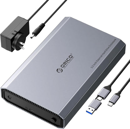 ORICO Aluminum 3.5 Hard Drive Enclosure with USB 3.2 Gen 2 6Gbps Transfer Speed, Fit for 3.5/2.5 Inch SATA HDD SSD Up to 20TB, USB C to USB C/A 2 in 1 Cable Compatible with MacBook Windows(DD35-C3)