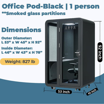Solo Office Pod, Sound Pod, Mobile Office Pod Booth, SoundProof Booth for Office, Privacy pod, Mobile Roller with Desk, LED Light, Centrifugal Fans and AC USB Ports - Black/Smoked Glass