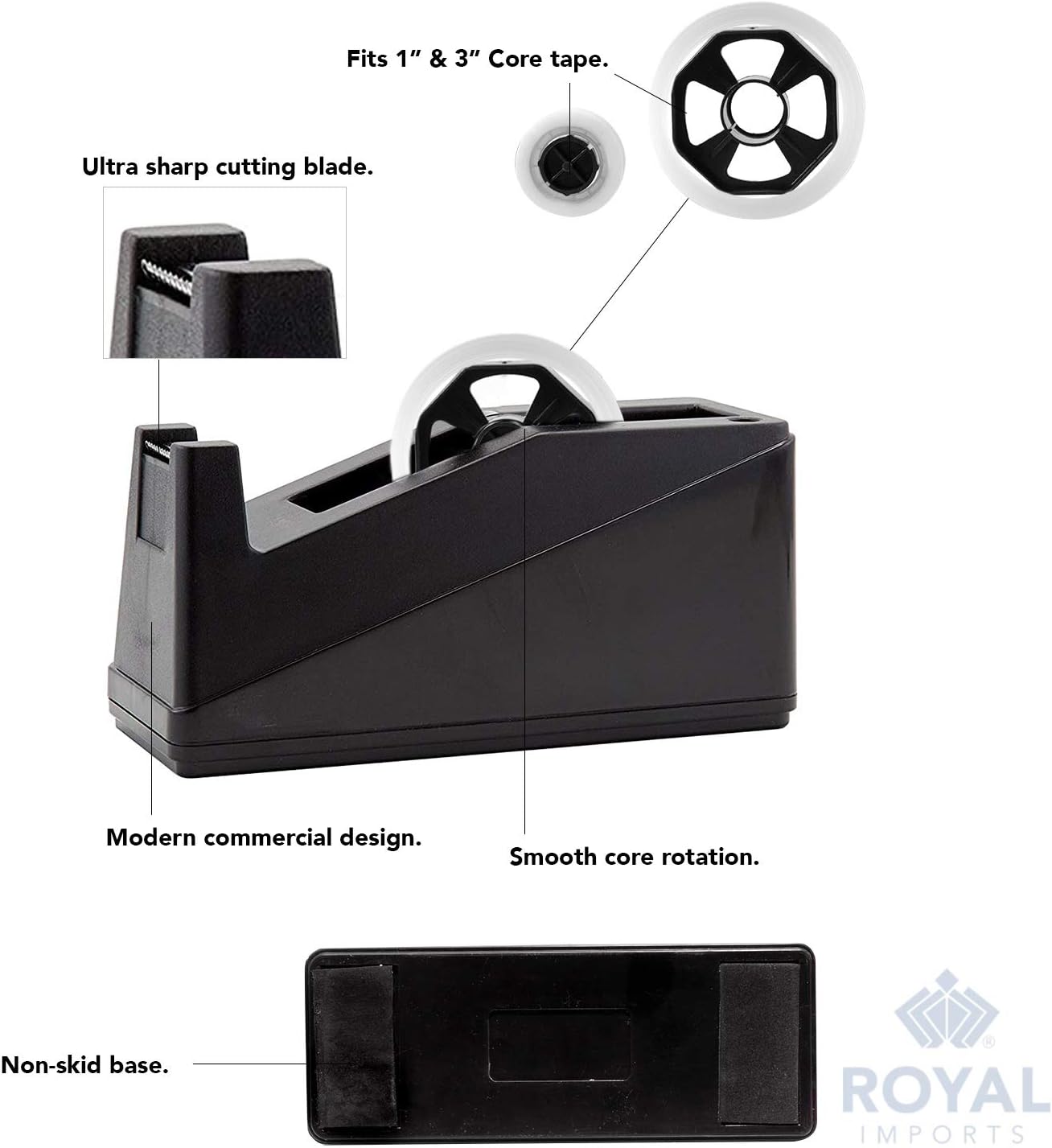 Royal Imports Desktop Tape Dispenser Adhesive Roll Holder (Fits 1" & 3" Core) Heavy Duty Premium for Office, Home, School, Library, Crafts, Moving, Giftwrapping with Weighted Nonskid Base, Blue