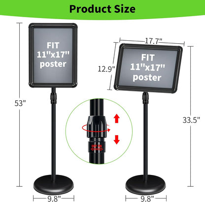 2Packs Adjustable Pedestal Sign Holder Stand 11''x17'', Floor Standing Poster Sign Stand for Vertical/Horizontal View Sign stand,Outdoor/Indoor Standing Sign Holders(Black, Round)