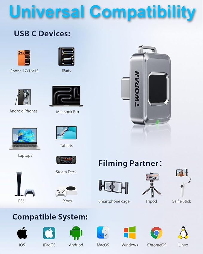 512GB Nano SSD with Fingerprint Lock, External SSD Hard Drive Storage for iPhone 17/16/15, MacBook, iPad, Steam Deck, PS5, Selfie Stick, Android, Travel and Backup