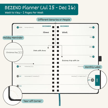 BEZEND Pocket Planner 2025-2026 Weekly with 2 Columns, 18-Month Academic Calendar (Jul 25-Dec 26), Life Work App., Storage Pocket, Pen Holder, PU Leather Softcover 3.5" x 6" Spiral - Evergreen