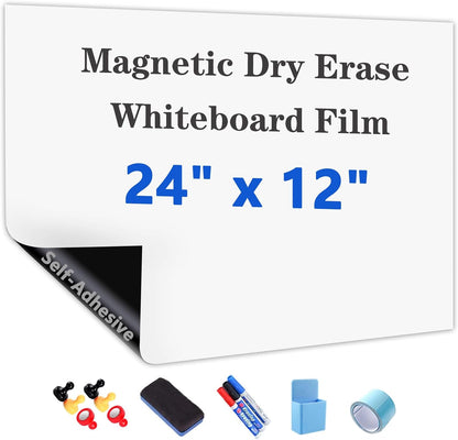 Magnetic Dry Erase Whiteboard Paper with Adhesive, 24" x 12" White Board Film for Wall, Easy to Write and Clean Dry Erase Board for Office, Classroom, Home, Include Marker, Magnetic Eraser and Magnets