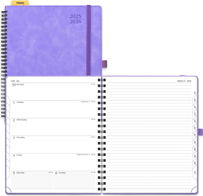 POPRUN Planner 2025-2026 Weekly Planner Notebook (Large 8.5''x 10.5'') Academic Calendar (JUL.25 - JUN.26) Appointment Book with Monthly Tabs, Spiral Soft Cover, Inner Pocket, 100 GSM - Lilac