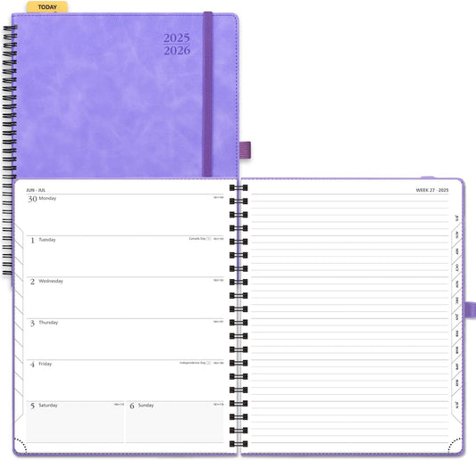 POPRUN Planner 2025-2026 Weekly Planner Notebook (Large 8.5''x 10.5'') Academic Calendar (JUL.25 - JUN.26) Appointment Book with Monthly Tabs, Spiral Soft Cover, Inner Pocket, 100 GSM - Lilac
