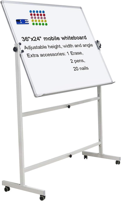 Mobile Dry Erase Board Magnetic Whiteboard on Wheels (Aluminium Frame) 36"x24" Portable White boards with Rolling Stand for Classroom, Office, Home
