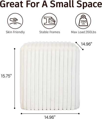 Modern Square Ottoman, Vertical Channel Tufted Foot Stool Ottoman, Velvet Upholstered Vanity Stool for Makeup, Bedroom, Living Room, White