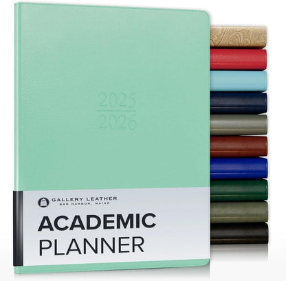 Gallery Leather Academic Planner 2025-2026, Teacher and Student Weekly Monthly Planner, Elegantly Bound Calendar with Gold-Gilded Page Edges, 18 Months - Caribbean Sea Glass - 9x7"
