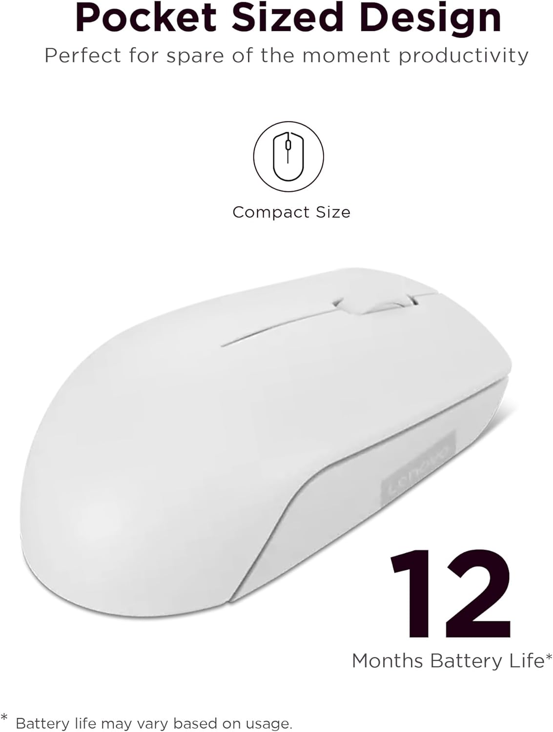 Lenovo 300 Wireless Mouse – Computer Mouse for PC, Laptop with Windows – Ambidextrous Design – 2.4 GHz Nano USB Receiver – 12 Month Battery Life