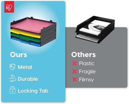 IRIS USA Metal Letter Tray Paper Organizer, 4 Pack, for Letter/A4 File Holder Paperwork Document, Stackable Desktop File Organizer Tray Paper Basket Rack for Office Supplies Home Work, Black