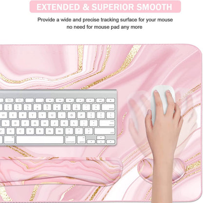 Keyboard Mouse Pad Set, Extended Mouse Pad+Keyboard Wrist Rest Support, Memory Foam Ergonomic Easy Typing, 3Pcs (35.4×15.7 in) Desk Pad Set for Home Office Study Game- Pink Gold