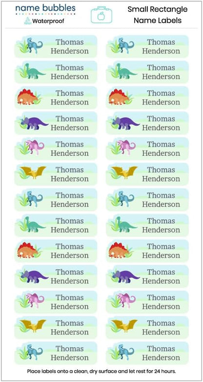 Name Bubbles - Custom Small Rectangle Name Labels for Kids (64 Labels) - Personalized Waterproof Name Stickers for Daycare, Lunch Boxes, Water Bottles, Shoes, School Supplies, & Camp (Dinosaur)