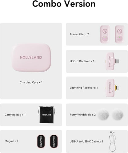 Hollyland Lark A1 Wireless Mini Microphone for iPhone & Android, 48kHz/24-bit, 3-Level Intelligent Noise Cancel, Microphone for YouTube, Podcast, Vlogging (Pink, 2TX + 2RX + Charging Case)