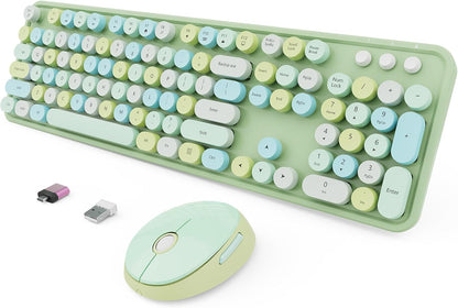 Wireless Keyboard and Mouse Combo, Ergonomic Full Size Typewriter Retro Round Keycaps Keyboard, Compatible with Windows, PC, Perfer for Home and Office Keyboards (Green