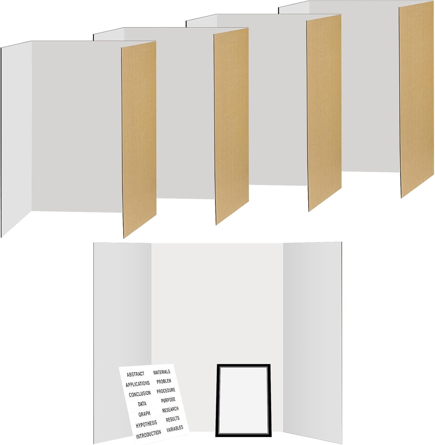 4 Pack 36"x48" Large Trifold Poster Display Board with Headers,White Foldable Presentation Paper Board with 4 Science Subtitles and 32 Self-Adhesive for School Science Business Project Display