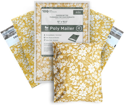 12x15.5 Poly Mailer Envelopes 100 Pcs Large-Sized Colored Designer Shipping Bags For Clothing Cute Mailers Unpadded Self-Sealing Packaging Recyclable Eco-Friendly (Yellow Floral) Mini Wander