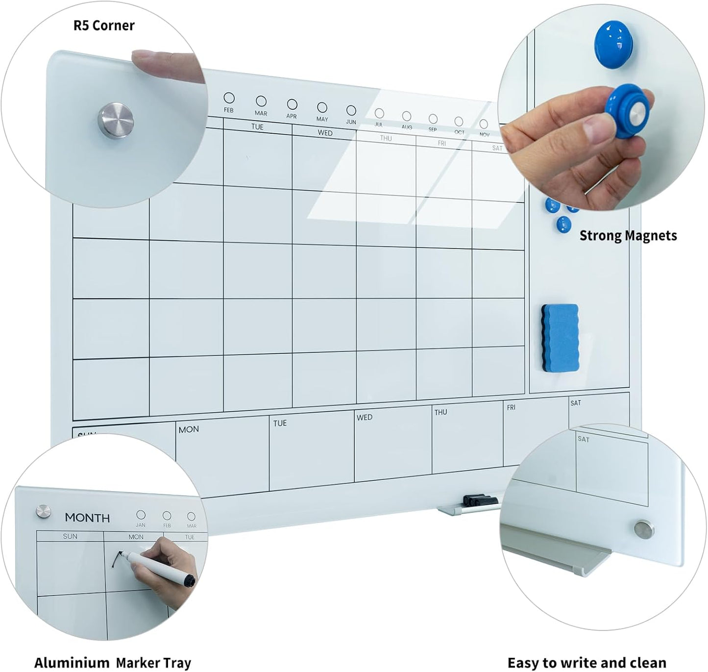 Magnetic Glass Whiteboard 36X24 Monthly Planner Calendar Dry Erase Board for Home, School, Office, Frameless, with Markers, Marker Tray, Eraser, Magnets (White)