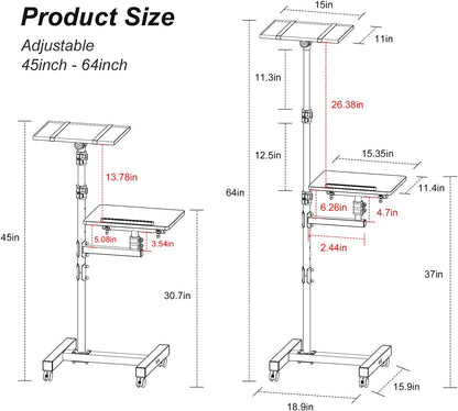 2 Shelves Projector Stand Tripod, Mobile Laptop Cart on Wheels Projector Tripod Stand Adjustable Height 45 to 64 Inches, Overbed Table with Wheels, Rolling Laptop Floor Stand for Couch