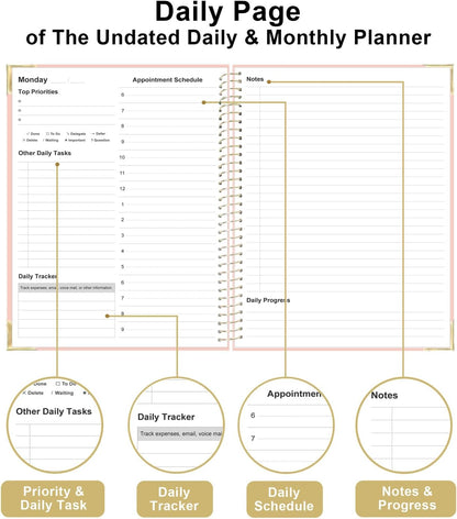 Undated Daily Monthly Planner for 2025 2026 - A4 To Do List with Hourly Schedule, Hardcover Spiral Bound Daily Planner to Increase Focus, Stylish School/Office Supplies, 8.5" x 11", Pink