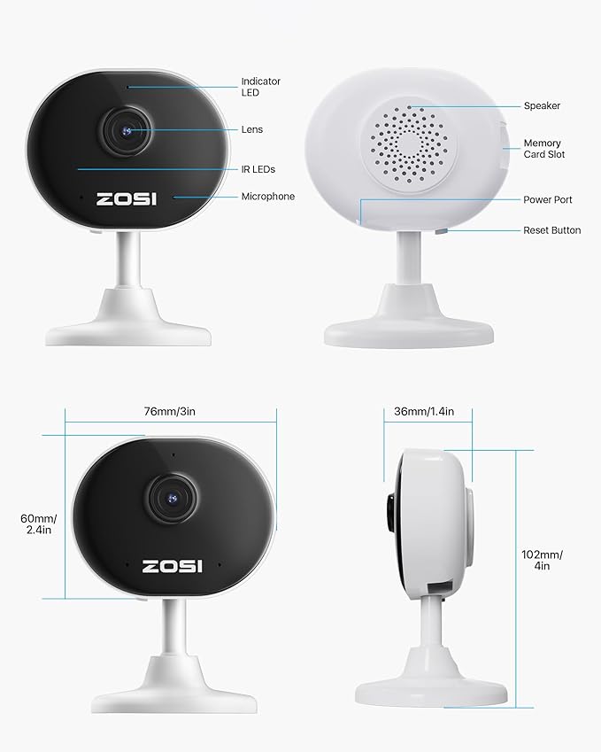 ZOSI Indoor Security Camera,4Pack C688 Baby/Pet Monitor,1080P Home Surveillance WiFi Camera with Phone App,Motion Detection,2 Way Audio,Night Vision,Memory Card/Cloud Storage,Works with Alexa,Plug-in
