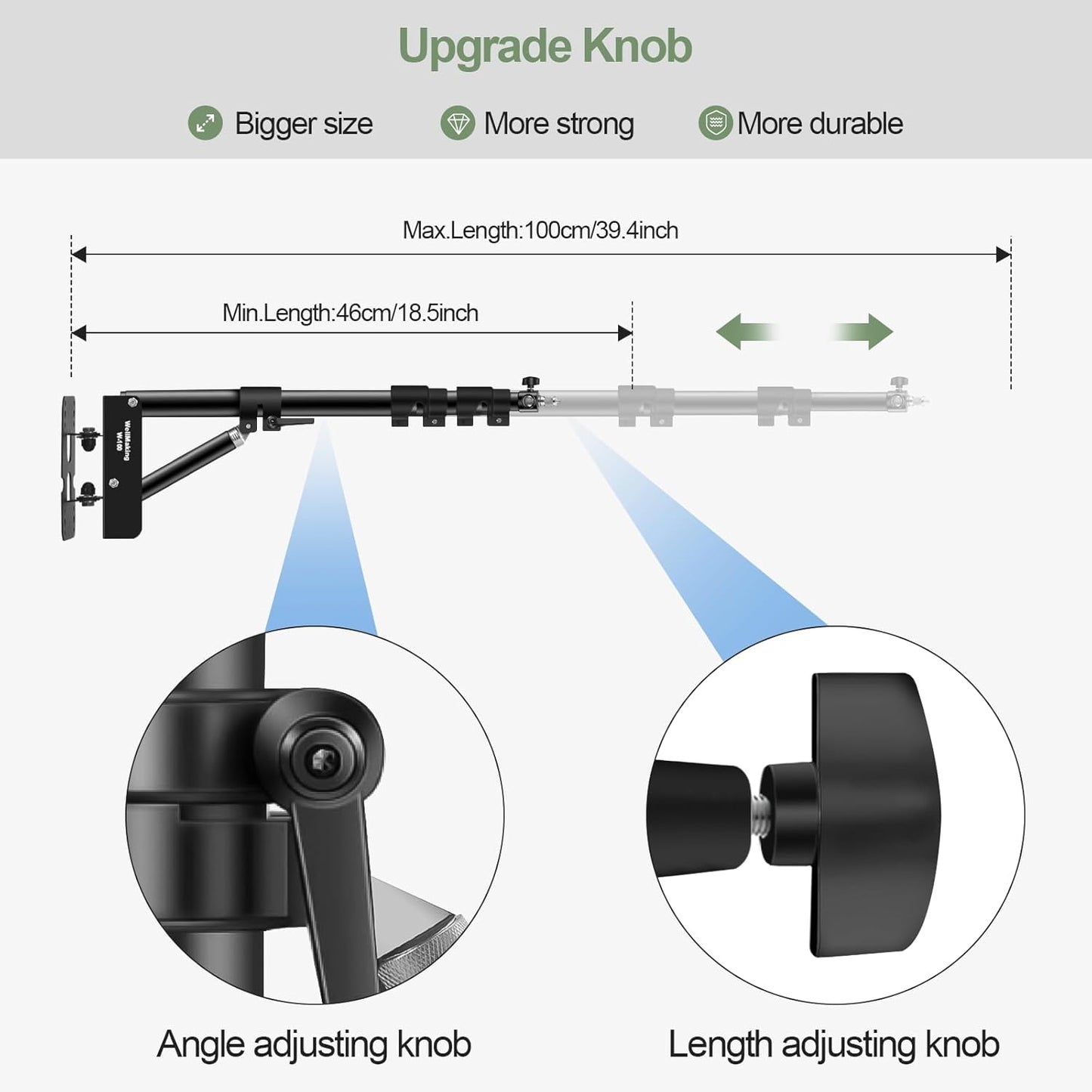 Wellmaking Wall Mount Triangle Boom Arm 39.37inch/100cm, Ring Light Mount Support 180°Flexible Rotation Comes with Tilt Swivel Mount for Studio Video Light, Monolight, Photography, Softbox, Reflector