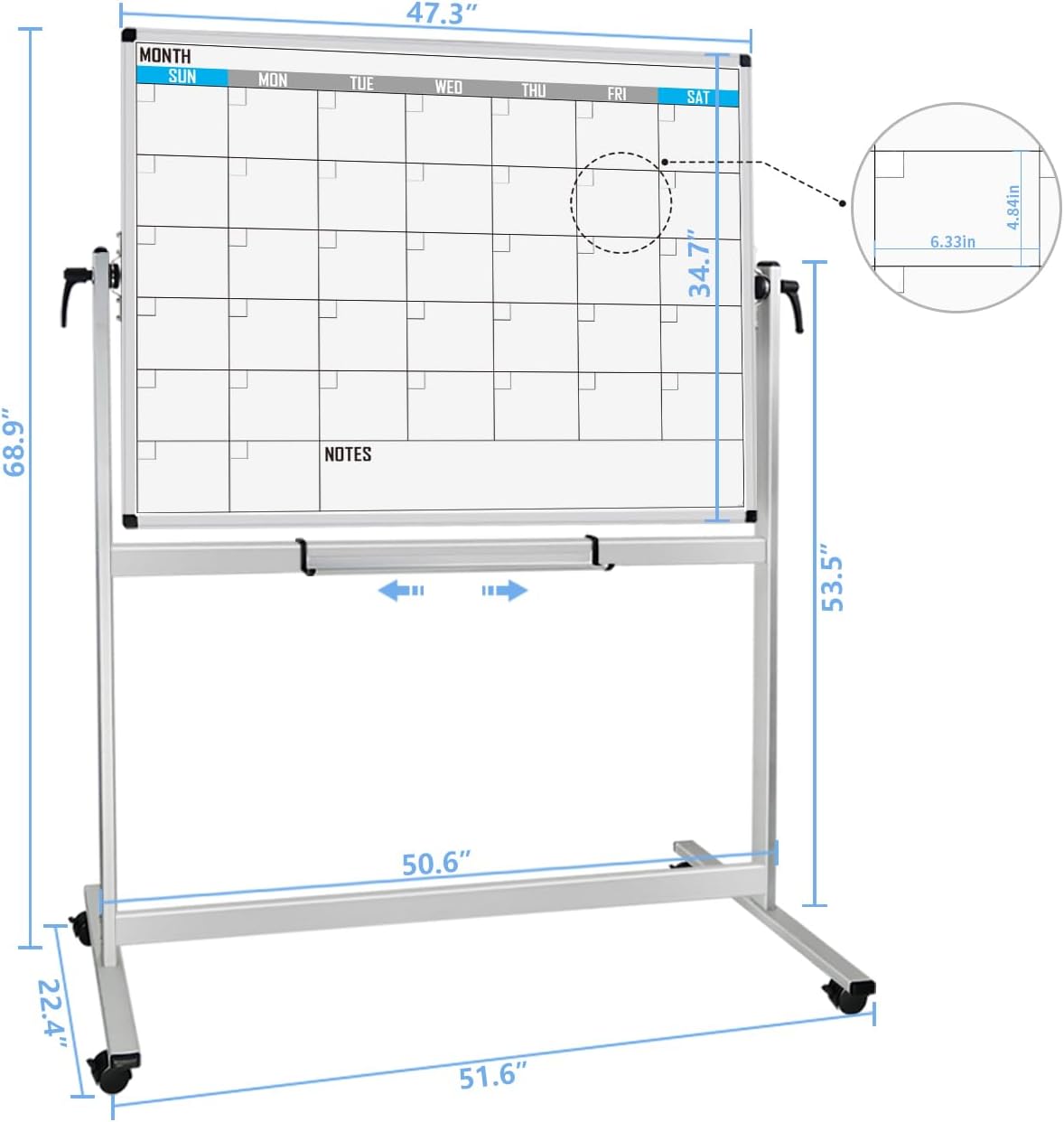 XBoard Magnetic Mobile Whiteboard, Double Sided Magnetic Dry Erase White Board on Wheels, Large Portable Easel with Stand and Aluminium Frame for Home School Office (Calendar 48x36-Inch)
