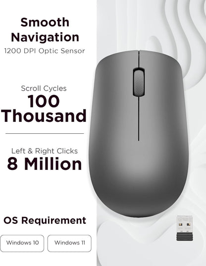 Lenovo 530 Full Size Wireless Computer Mouse for PC, Laptop, Computer with Windows - 2.4 GHz Nano USB Receiver - Ambidextrous Design - 12 Months Battery Life - Graphite Grey