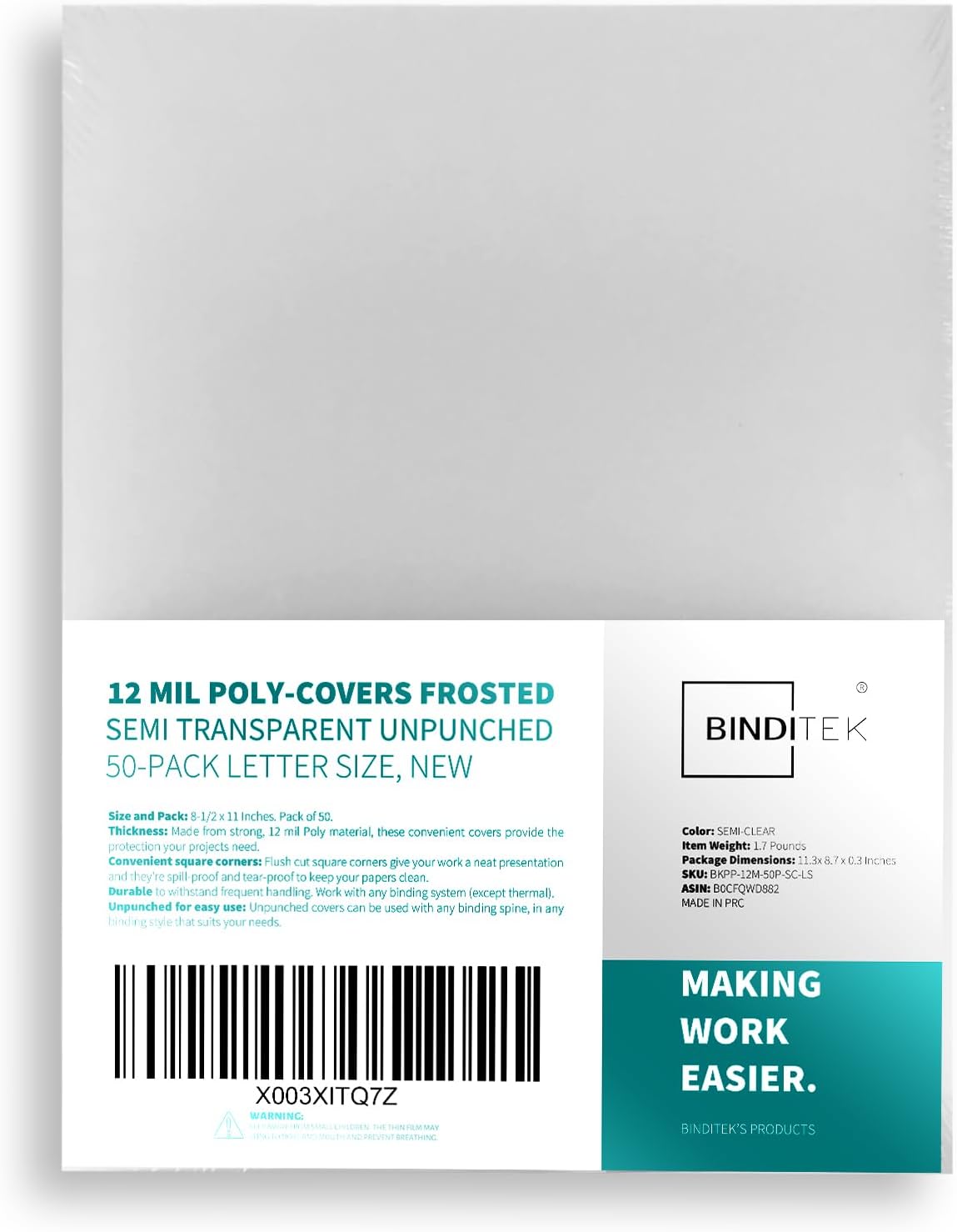 Binditek 50 Pack 12 Mil Binding Covers, Frosted Polycovers, Semi-Transparent, 8-1/2 x 11 Inches, Lightly Textured Sand Finish, Square Corners, Unpunched