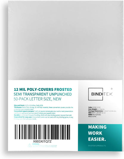 Binditek 50 Pack 12 Mil Binding Covers, Frosted Polycovers, Semi-Transparent, 8-1/2 x 11 Inches, Lightly Textured Sand Finish, Square Corners, Unpunched
