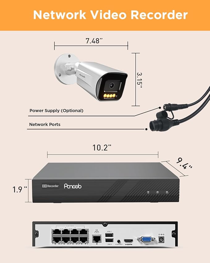 4 Camera Security System 8 Channel, 4X 5-Megapixel Wired Security IP Bullet PoE Camera w/Human Detection, 2 Way Audio, Smart Dual Light Color Night Vision, 4K 8CH NVR 2TB HDD, PB65A0408-5MD