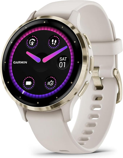 Garmin Venu 3S Running GPS Smartwatch with AMOLED Display, Advanced Health, Fitness Features, Up to 14 Day Battery Life with Signature Power Bundle | Soft Gold with Ivory Silicone Band
