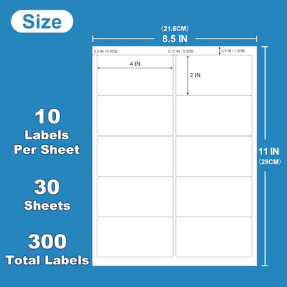 2" x 4" Shipping Address Labels, Laser/Inkjet Label Printer White Labels, Strong Adhesive Mailing Shipping Label（30 Sheet, 300 Labels）（HB-R010）