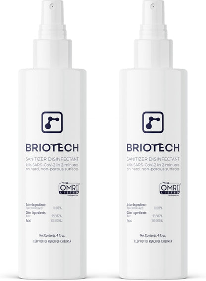 BRIOTECH Sanitizer Disinfectant Hypochlorous Spray, Kill 99.99% of Viruses & Bacteria, Control Mold, Eliminate Odor, Gentle for Nursery & Play Rooms, Food Contact Surface Sanitizer, 4 fl oz (2 Pack)