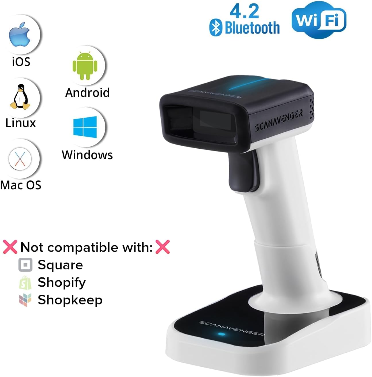 ScanAvenger Wireless Portable 1D&2D with Stand Bluetooth Barcode Scanner: Hand Scanner 3-in-1, Cordless, Rechargeable Scan Gun for Inventory - USB Bar Code/QR Reader (1D&2D Upgraded Next Gen Stand)