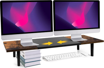 Dual-Monitor-Stand-Riser-For-Desk Adjustable Length 32-40 Inch, Large Desktop Computer Monitor Riser For 2 Screens, Desk Shelf Organizer Riser Stand For Computer/Laptop/PC/Printer/TV Brown