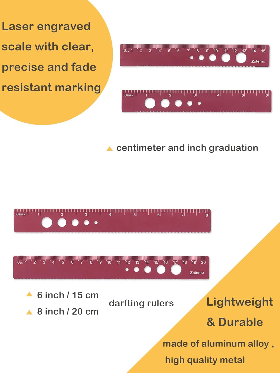 Metal Geometry Set, 5-Piece Aluminum Ruler, Math Drafting Ruler Kit Includes Protractor, Triangle Rulers, Straight Rulers-Math Measurement Tools for School and Office Supplies (Plum Red)