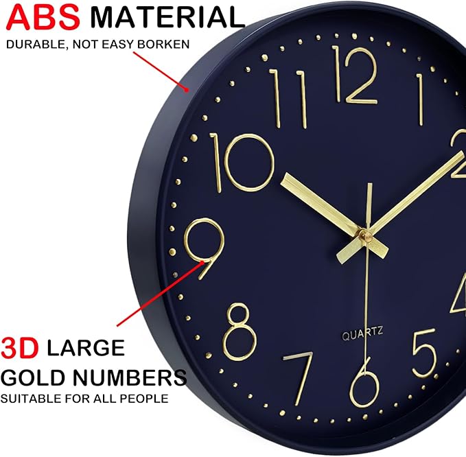Modern Silent Wall Clock, 12 Inch Wall Clocks Battery Operated Large Number, Non-Ticking Analog Clock with Tempered Glass Quartz Clocks for Living Room Bedroom Office Kitchen, Navy Blue