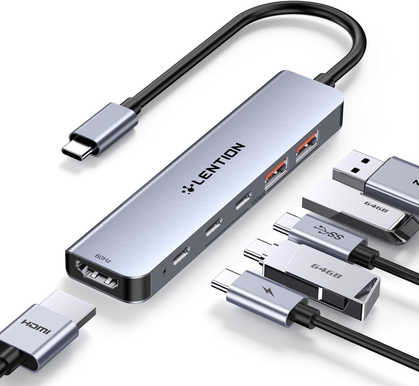 LENTION USB C Hub with 4K@60Hz HDMI, 2 USB C and 2 USB 3.2 Gen2 Transfer Data in 10Gbps Max, 100W Charging, for MacBook Pro M4, Mac Air, iPhone 15, Windows, More, Stable Driver Adapter (CE37 Gray)