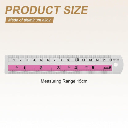 HARFINGTON 6pcs Metal Straight Ruler 15cm Metric SAE Aluminum Alloy Measuring Rulers Scale Tools with Hole for Measure Study Reading Classroom Office, Pink