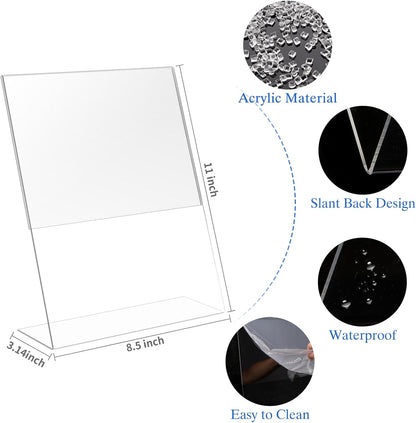 8 Pack Acrylic Sign Holder 8.5 X 11, L Shape Clear Sign Holder, Clear Plastic Sign Holder Picture Photo Frames, Flyer Document Paper Display Stand for Office Desktop