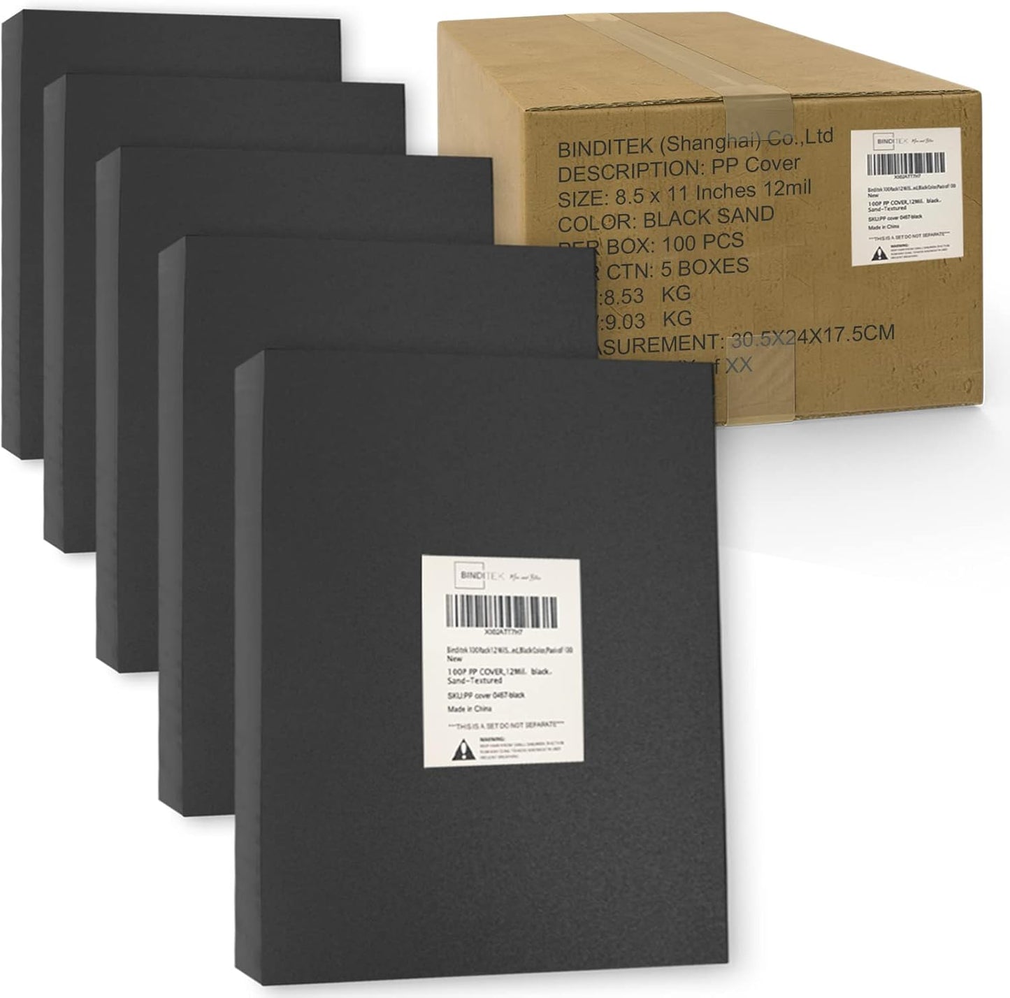 Binditek 500 Pack 12 Mil Sand-Textured Polycover - Midweight for Business Reports and Proposals - Lightly Sanded Finish - with Square Corners, Un-Punched, Black Color, Office Supplies