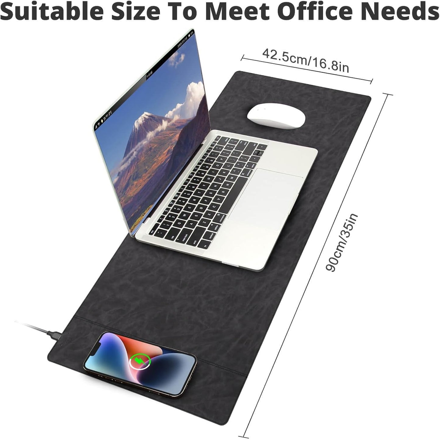 Magnetic 15W Fast Wireless Charging Desk Pad, 35.4"x16.8" Extra Large Mouse Pad, Microfiber Leather Office Desk Mat, Waterproof and Scratch-Resistant Mouse Mat for Office and Home Use, Grey Color
