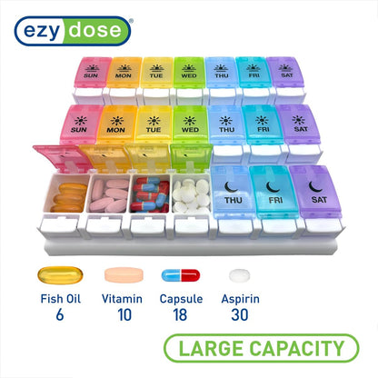 EZY DOSE Weekly (7-Day) Pill Case, Daily Medicine Planner, Vitamin Organizer Container, Large Push Button Compartments, Easy to Use, 3 Times a Day, Spring Open Design, Rainbow Lids, BPA Free