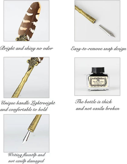 Quill Pen and Ink Set Feather Pen with Ink and 6pcs Nibs Calligraphy Pens for Beginners for Lettering,Drawing, Journaling, Signing, Invitation HO-Q-300