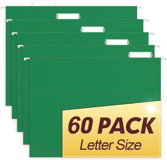 HERKKA Hanging File Folders, 60 Pack Reinforced Letter Size Hanging Folders, Designed for Bulky Files, Filing Cabinet, 1/5-Cut Adjustable Tabs (Green)