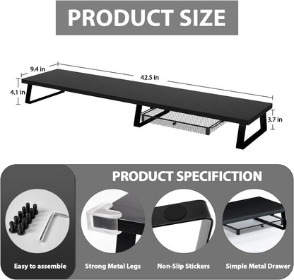 Aothia Large Dual Monitor Stand Riser - Monitor Stand For 2 Monitors, Monitor Stand With Drawer,Desk Shelf For Monitor, Wood Monitor Riser Stand with Storage Organize For Pc,Tv,Laptop,Screen (Black)
