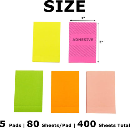 Full Adhesive Sticky Notes 3 x 2 in, Bright Colors, Colorful Small Sticky Notes Full Adhesive Back Self-Stick Note Pads for Office, School Supplies, 80 Sheets/Color, 5 Colors/Pack, 400 Sheets Total