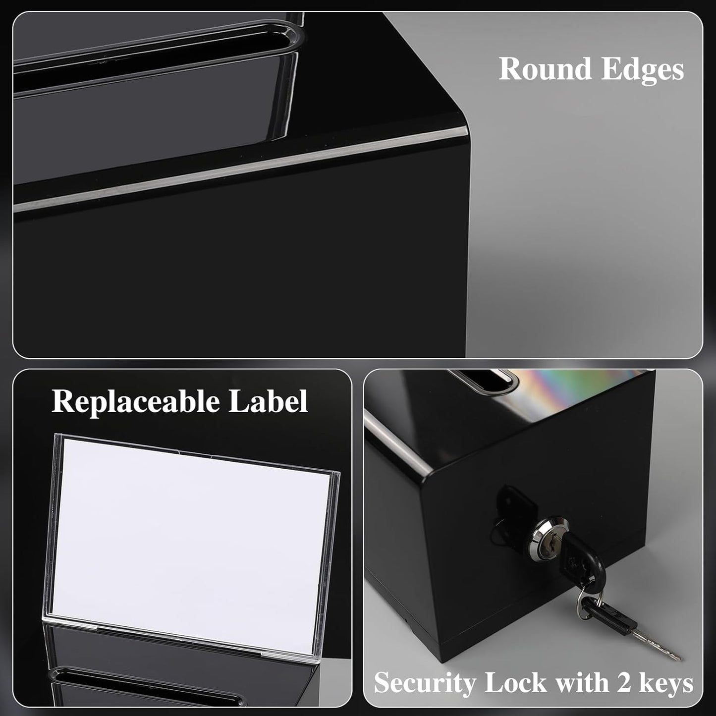 VOISEN Acrylic Donation Box with Lock, Black Ballot Box with Sign Holder, 2 Pack Suggestion Boxes for Fundraising, Donation, Bar, School Voting, 6.2x4.6x3.9 Inch